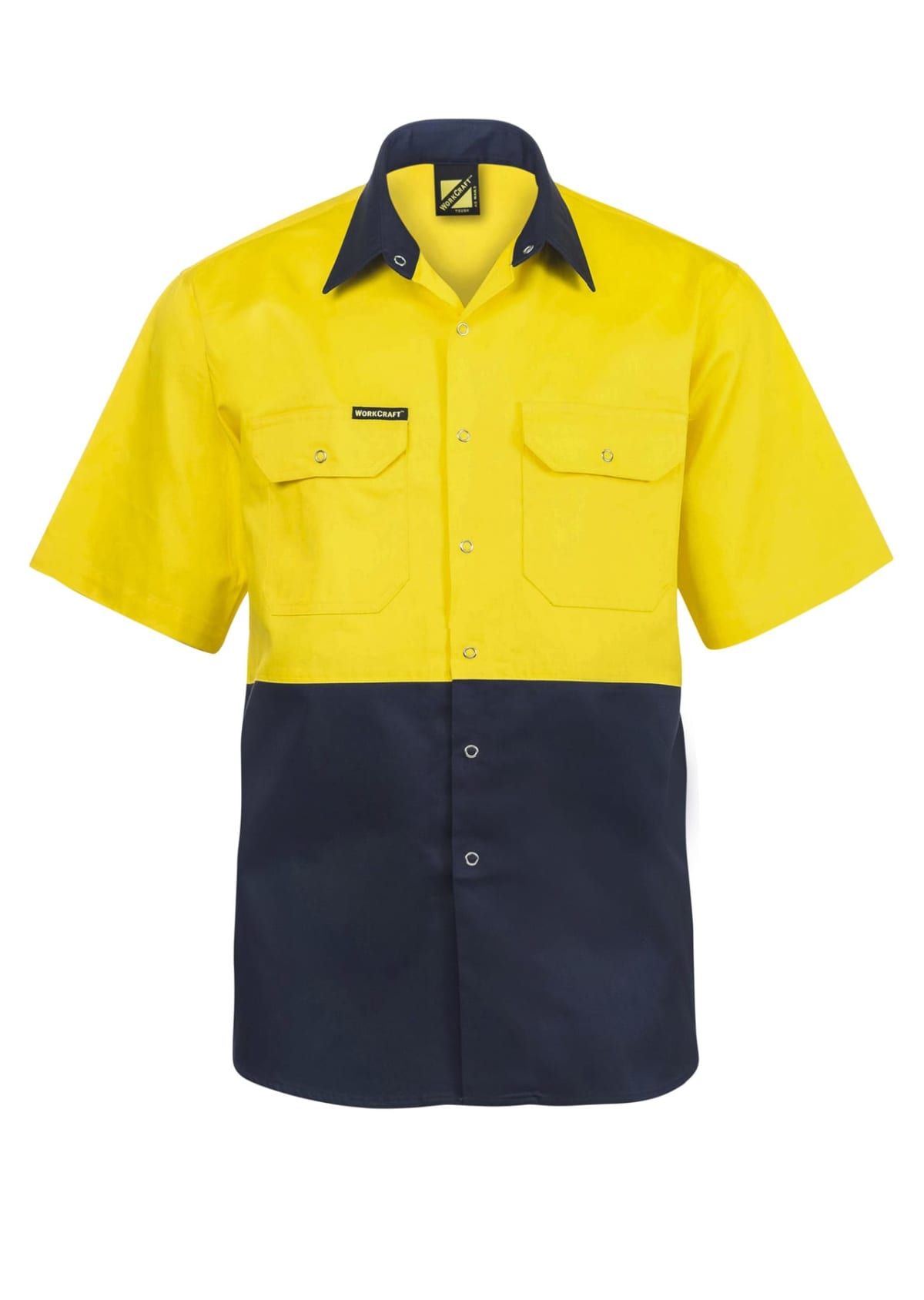Yellow and navy blue short-sleeve shirt with a collar and two chest pockets.