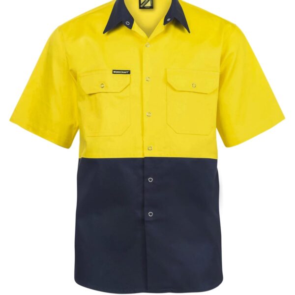 Short-sleeve yellow and dark blue work shirt with two chest pockets.