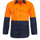 Long-sleeve high-visibility work shirt with bright orange upper half and dark navy lower half. Features include a collar, button-down front, and two chest pockets with button flaps.