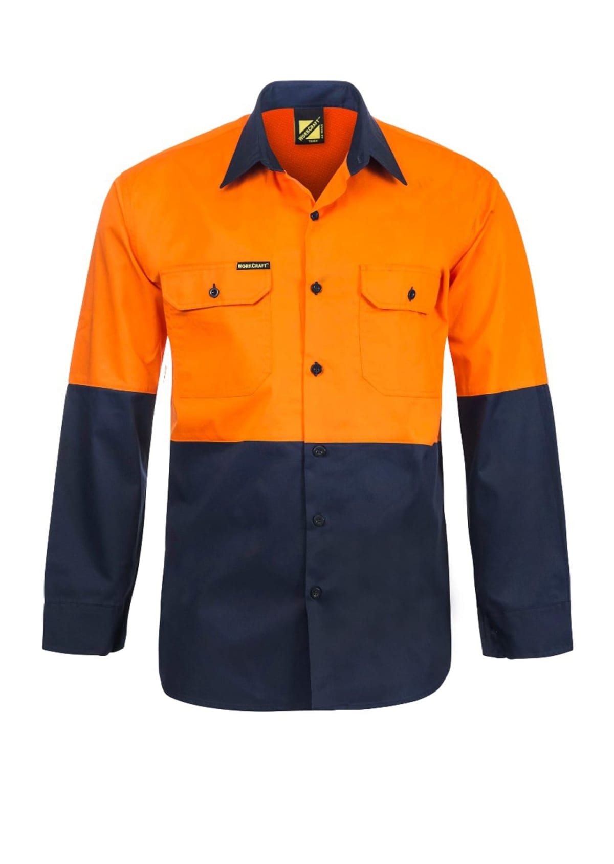 Long-sleeve high-visibility work shirt with bright orange upper half and dark navy lower half. Features include a collar, button-down front, and two chest pockets with button flaps.