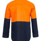 A long-sleeved shirt with a bright orange top half and dark navy blue bottom half, viewed from the back.