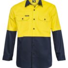 Yellow and navy two-tone work shirt with long sleeves and buttoned pockets.