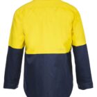 Back view of a two-tone, long-sleeve work shirt in yellow and navy blue.