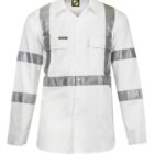 White work shirt with gray reflective stripes and pockets on chest.
