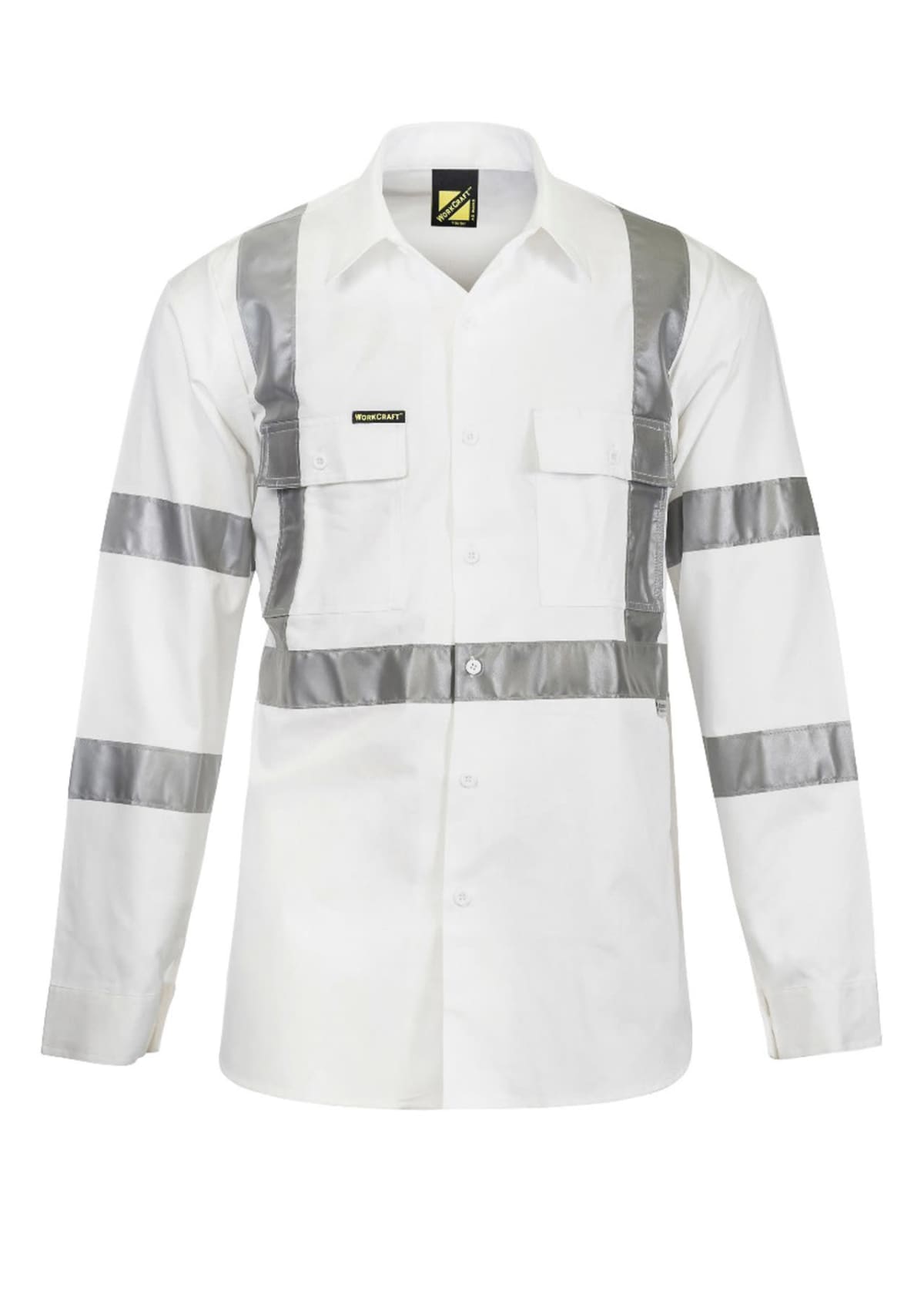 White work shirt with gray reflective stripes and pockets on chest.