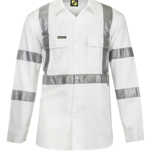 White long-sleeve shirt with reflective silver stripes and chest pockets.