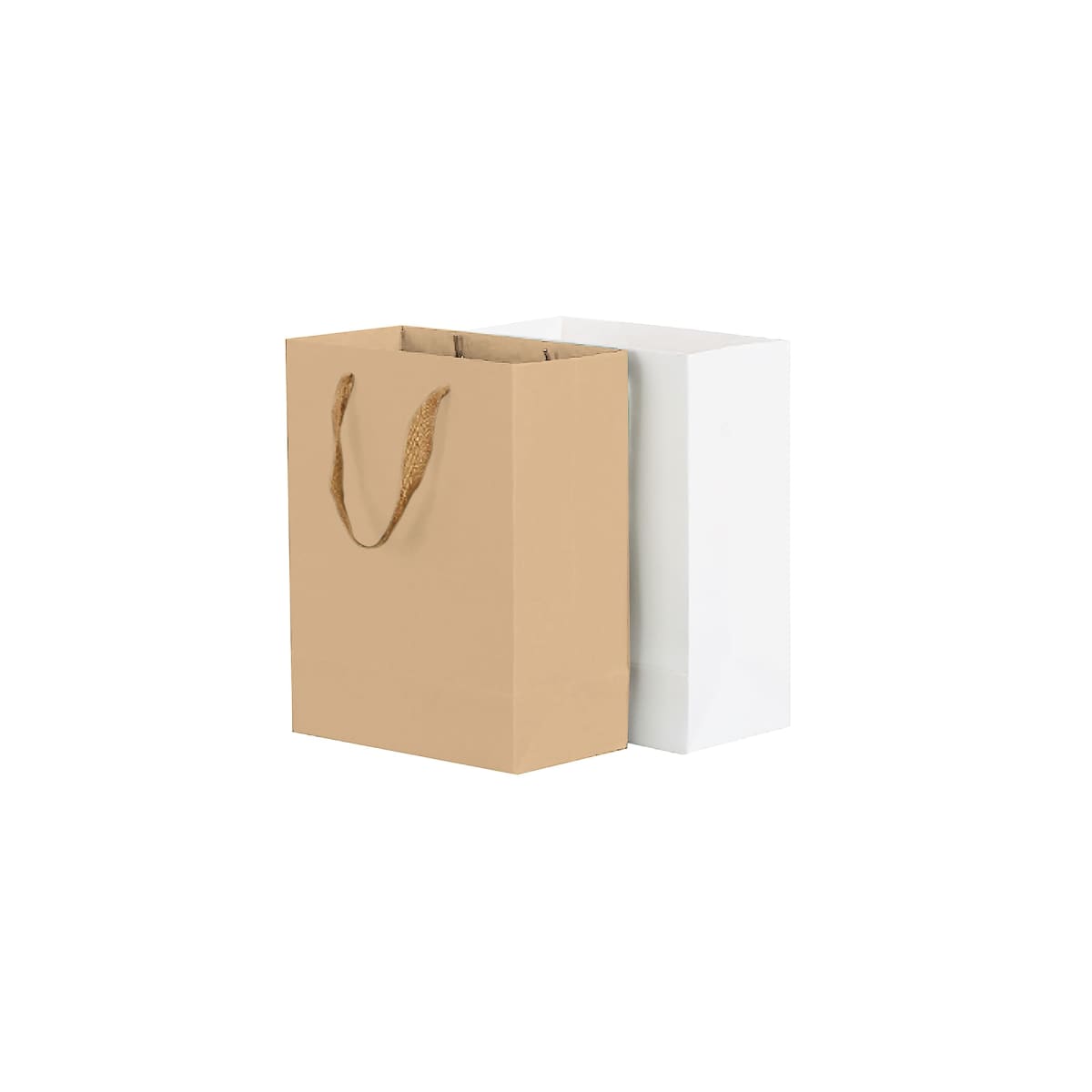 Brown kraft paper bag with rope handles next to a plain white gift box.