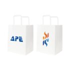 Two white shopping bags, one with APE and the other with a colorful flame logo.