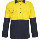 Yellow and dark blue two-tone long-sleeve shirt with buttoned pockets.