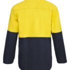 Two-tone long-sleeve shirt with yellow top and black bottom, viewed from the back.