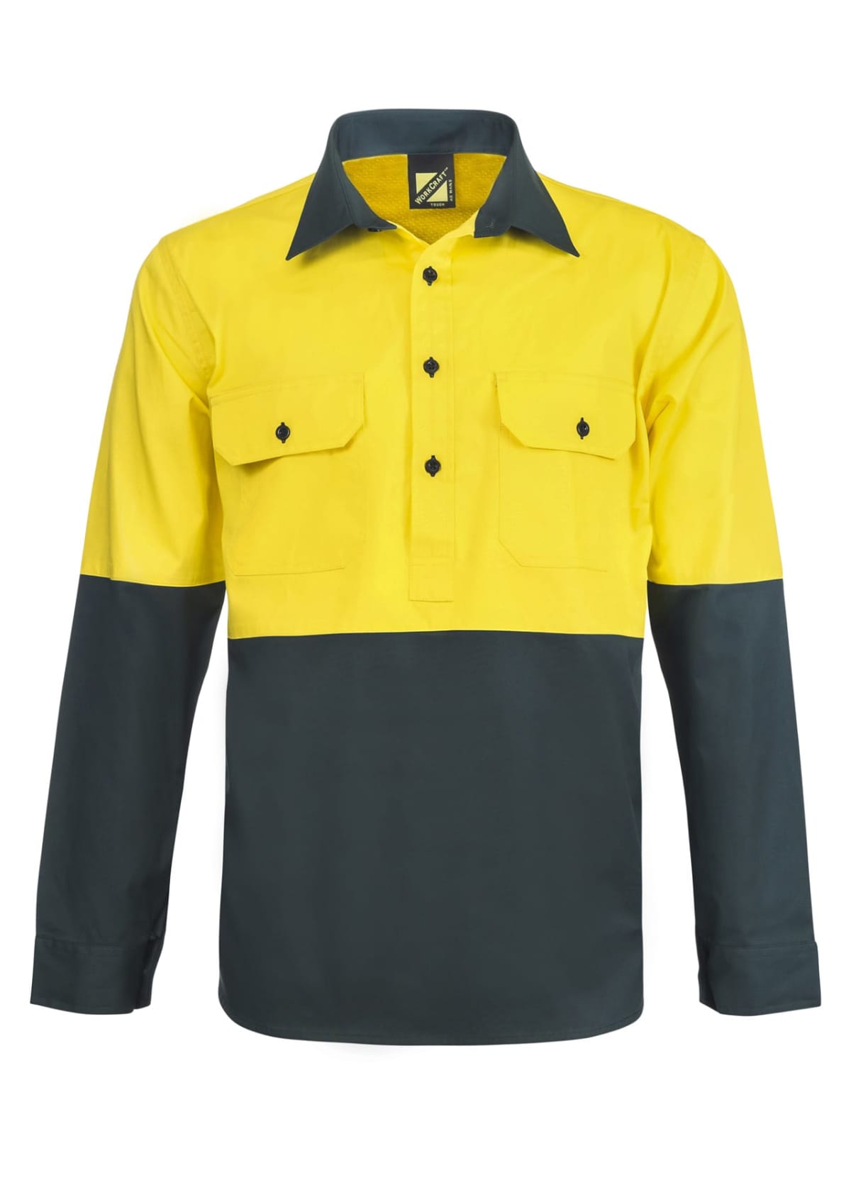 Yellow and green long-sleeve work shirt with front pockets.