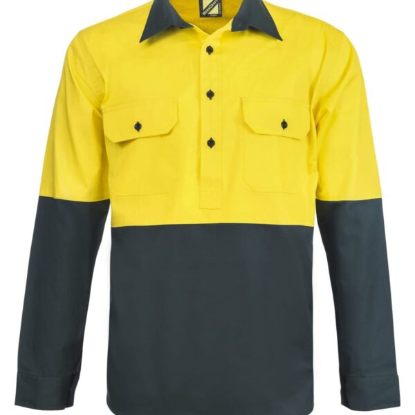 Yellow and black long-sleeve work shirt with buttoned pockets.