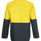 A long-sleeved, two-tone yellow and black shirt viewed from the back.