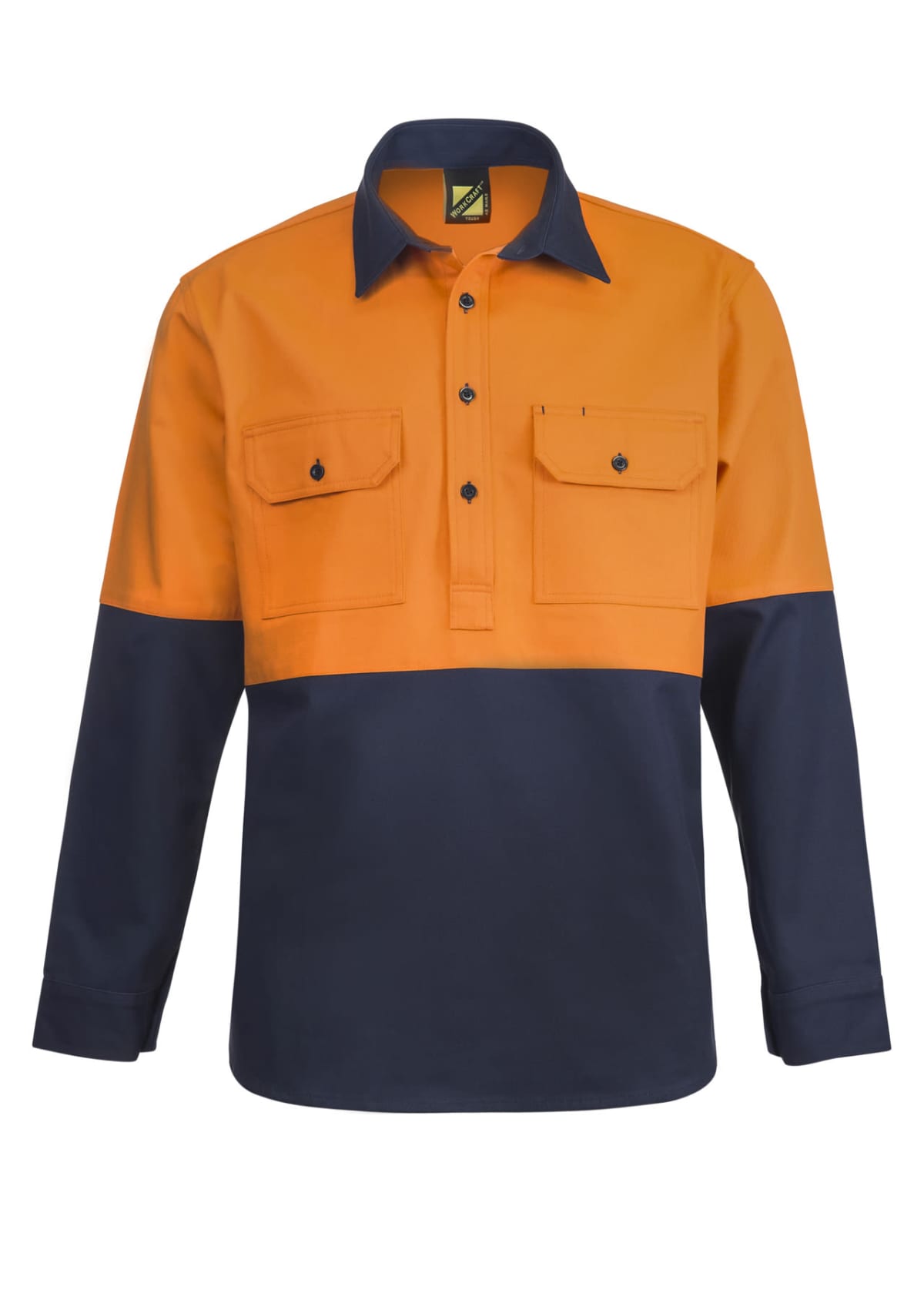 A long-sleeved work shirt with a high visibility design. The top half is orange with two chest pockets and black buttons. The bottom half, collar, and cuffs are dark blue. The shirt is displayed against a white background.
