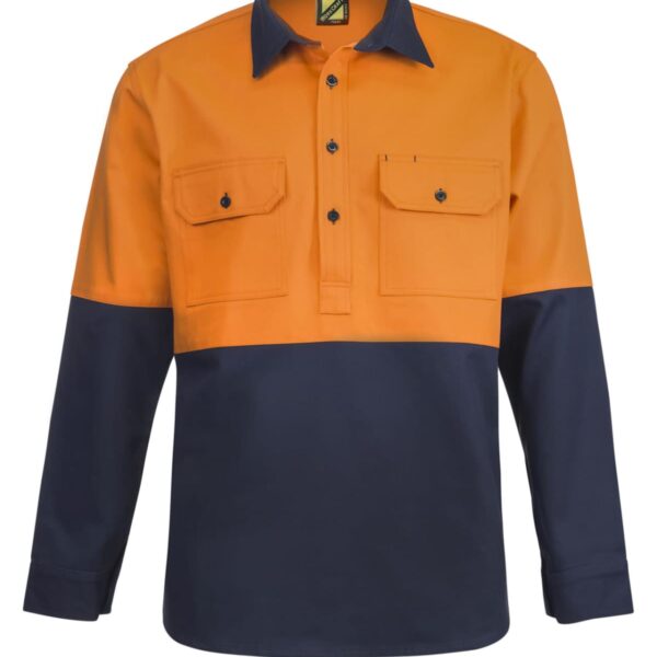 A long-sleeved shirt with an orange top half and dark blue bottom half. It features a button-up collar, two chest pockets with buttons, and a half-length front placket. The shirt has a workwear style design.