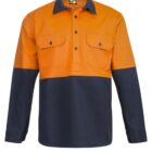 A long-sleeve work shirt featuring a high-visibility orange top half and dark blue bottom half. It has a button-up front with two chest pockets, each secured by a buttoned flap, and a collar.