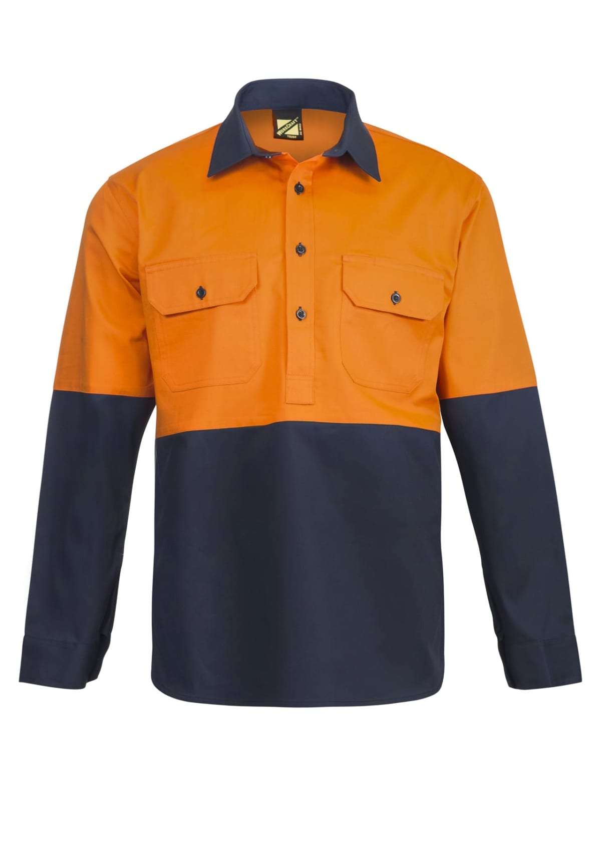 A long-sleeve work shirt featuring a high-visibility orange top half and dark blue bottom half. It has a button-up front with two chest pockets, each secured by a buttoned flap, and a collar.
