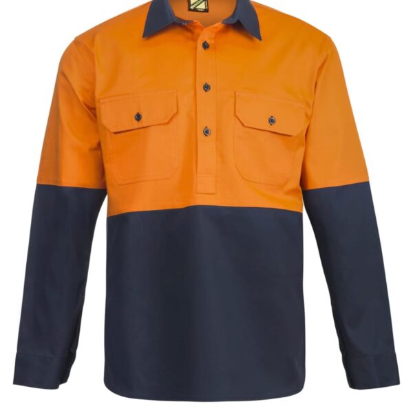 A long-sleeved, high-visibility shirt with a bright orange top section and dark navy bottom. It features two chest pockets with button flaps and a collar.