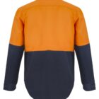 A long-sleeve color-blocked shirt with an orange top half and a dark navy bottom half, viewed from the back. The shirt has a classic collar and buttoned cuffs.