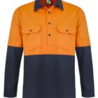 Long-sleeve shirt with orange top and navy bottom, featuring two chest pockets.