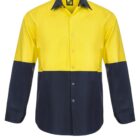 Two-tone yellow and navy button-up shirt with long sleeves.