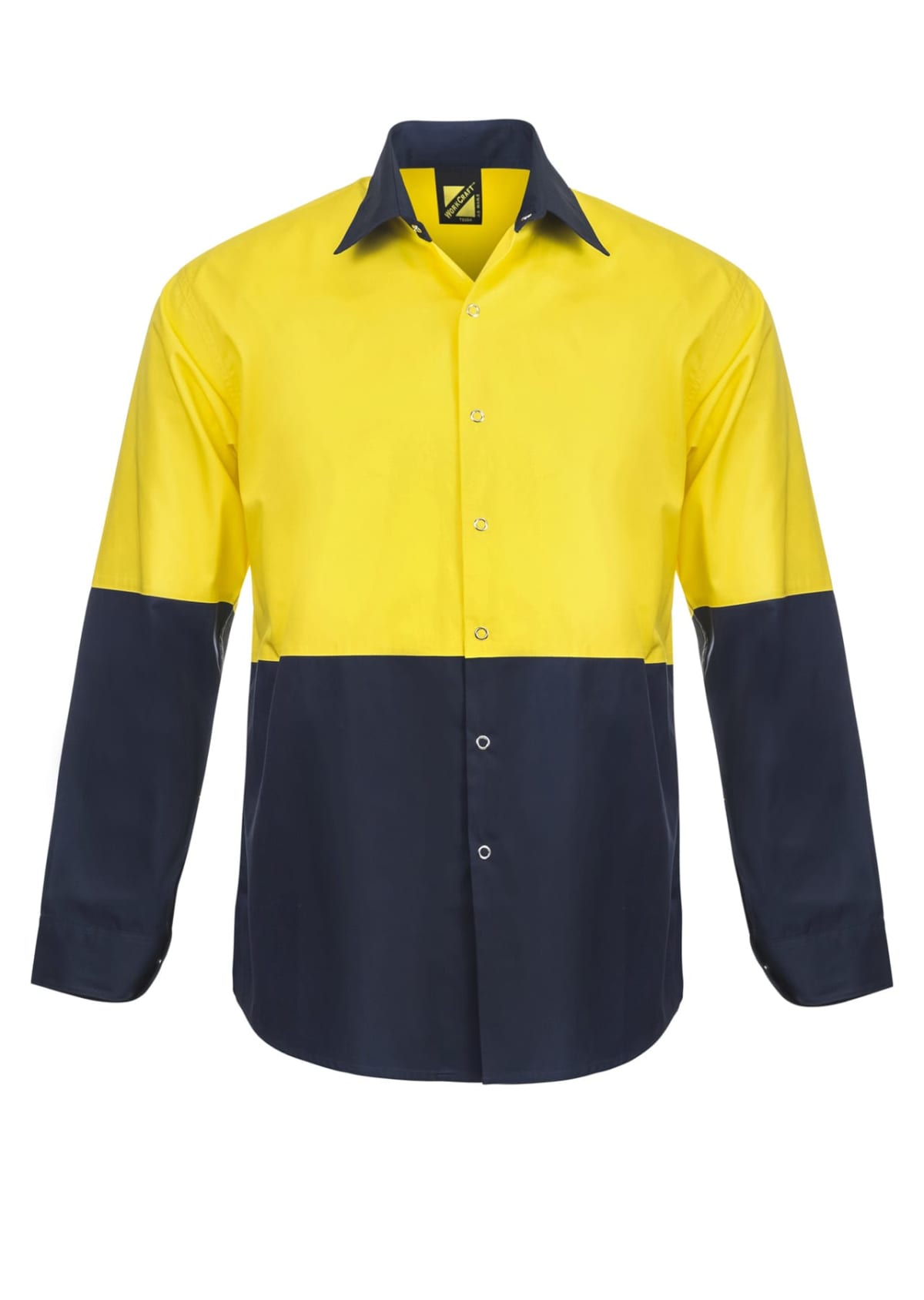 Two-tone yellow and navy button-up shirt with long sleeves.