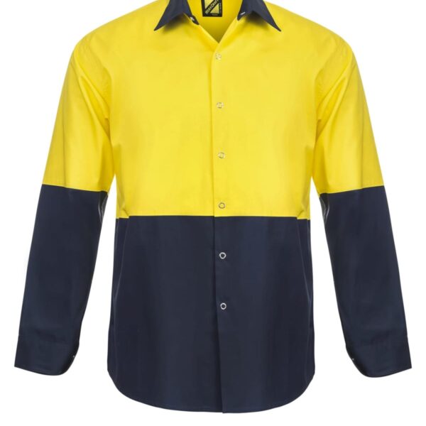 Yellow and navy color-blocked button-up shirt on a white background.