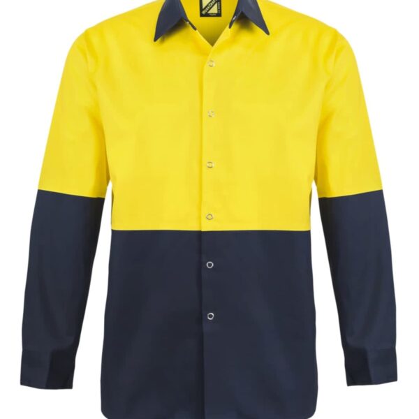 Yellow and dark blue long-sleeve shirt with buttons.