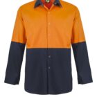 Orange and navy long-sleeve button-up shirt.