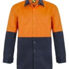 Orange and navy color-blocked button-up shirt with a pointed collar.