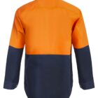 Back view of a long-sleeve shirt; orange top and dark blue bottom.