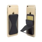 Two gold smartphones with black, foldable card wallets attached to the back.