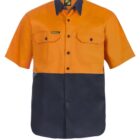 Orange and navy short-sleeve work shirt with a front button closure.