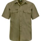 Khaki short-sleeve button-up shirt with two chest pockets.