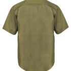 Back view of a short-sleeved olive green button-up shirt.