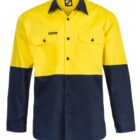 A long-sleeve button-up shirt with a yellow top half and dark blue bottom half and sleeves. It features two front pockets with button flaps and a small logo tag on one pocket.