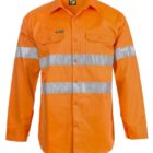 Bright orange long-sleeve safety shirt with reflective silver stripes across the chest, back, and sleeves. The shirt features a button-up front and two breast pockets with flaps.