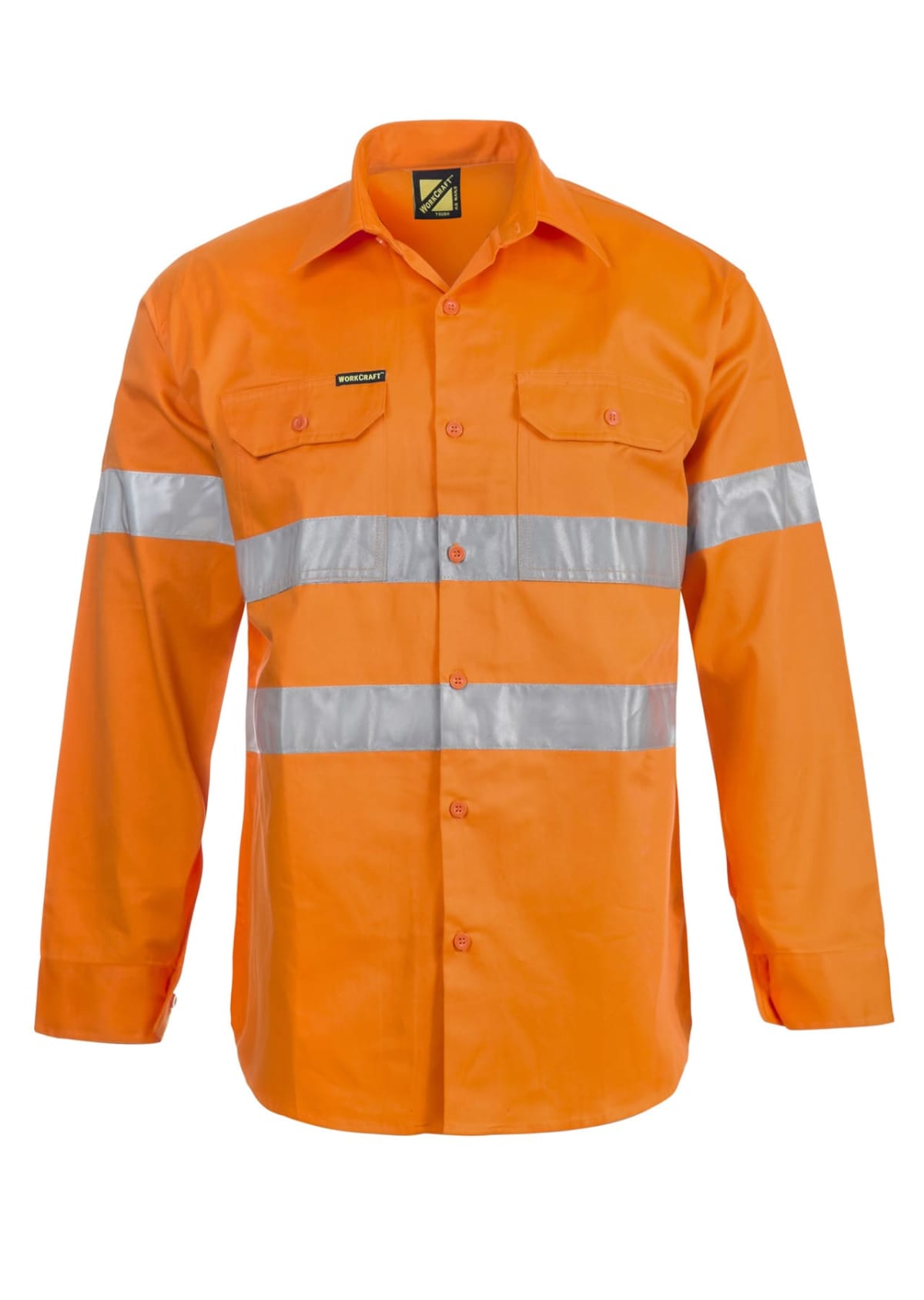 Bright orange long-sleeve safety shirt with reflective silver stripes across the chest, back, and sleeves. The shirt features a button-up front and two breast pockets with flaps.