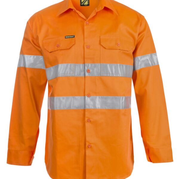 Bright orange work shirt with long sleeves and reflective silver stripes across the chest and arms. The shirt features a button-up front and two chest pockets with button closures.