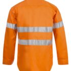 Back view of a long-sleeve, bright orange safety shirt with reflective silver stripes around the arms and across the back. The shirt is designed for high visibility.