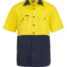 Short-sleeve yellow and navy blue work shirt with buttoned pockets.