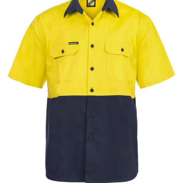 Yellow and navy short-sleeve work shirt with buttoned pockets.