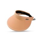 Peach-colored sun visor with a white trim on a white background.