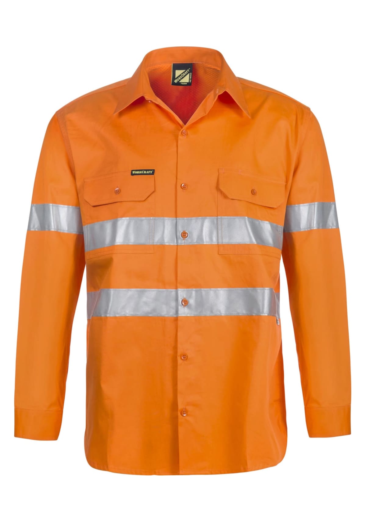 Orange long-sleeve safety shirt with silver reflective stripes and button closure.