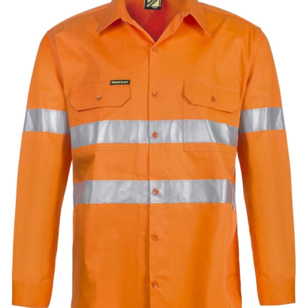 Orange safety shirt with reflective silver stripes and buttons.