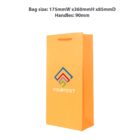 Orange paper bag with colorful logo and text YOURTEXT under product dimensions.