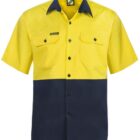 Short-sleeve shirt with a high-visibility design. The top half is bright yellow with a black collar and black buttons, and the bottom half is dark navy. Two chest pockets are present, one with a small logo tag.