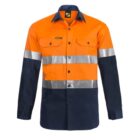 A long-sleeve work shirt with a high-visibility orange top and dark blue lower sections. It features reflective silver stripes around the chest and arms. Two front buttoned pockets are on the chest.