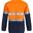 Front view of a long-sleeved high-visibility work shirt with an orange top half and a dark blue bottom half. The shirt features two horizontal reflective gray stripes across the torso and arms.