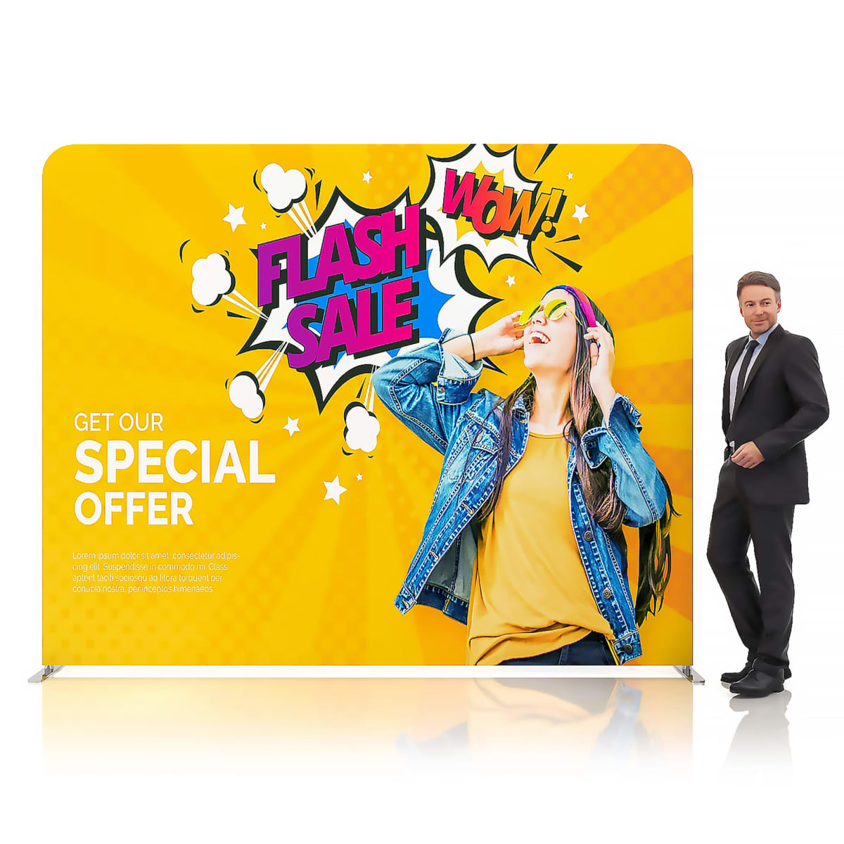 Man in suit near colorful display with Flash Sale and woman in casual clothes.